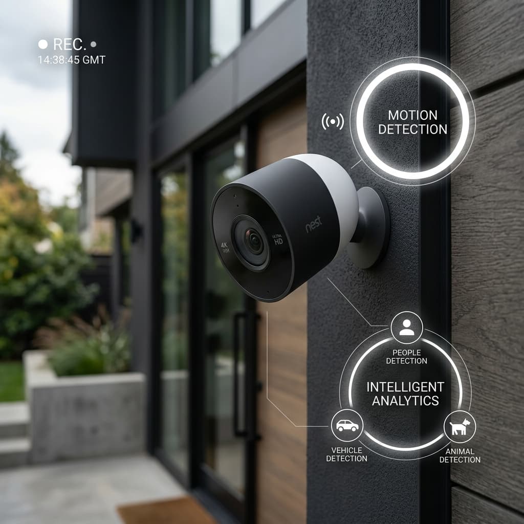 Outdoor security camera on wall with HUD overlay