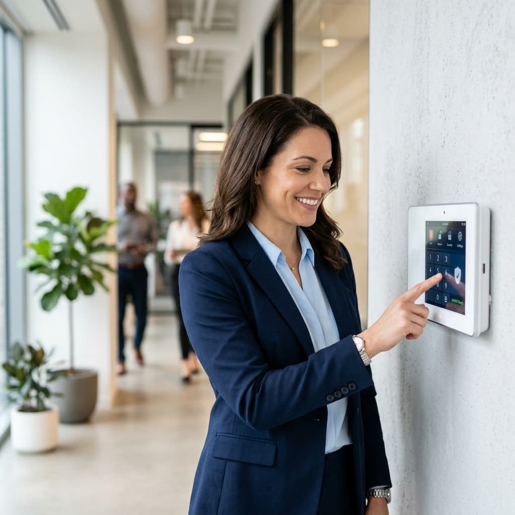 Woman using wall-mounted smart security keypad