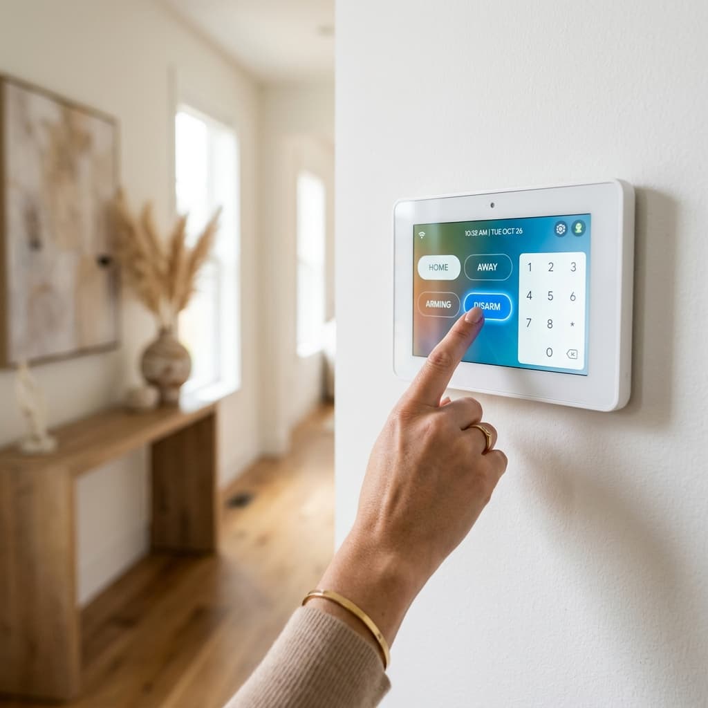Smart home security control panel being touched by a hand