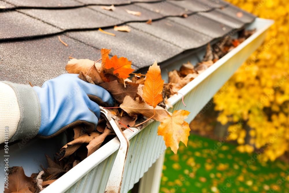 A man's hand cleaning leaves in a rain gutter on a roof, cleaning dirty gutters. High quality generative ai, prep your home