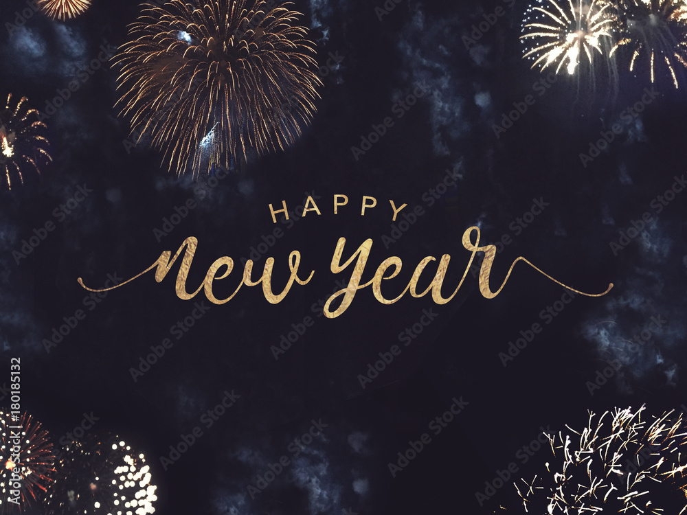 Happy New Year Celebration Text with Festive Gold Fireworks Collage in Night Sky. Home Security New Year's Resolution