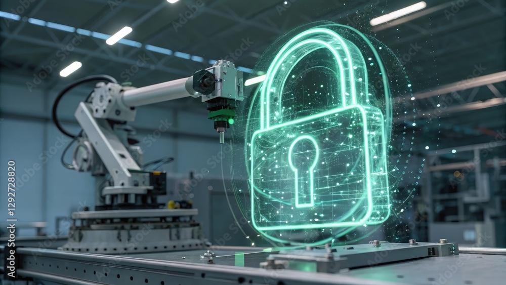OT security defense. A robotic arm presents a glowing digital padlock symbol, representing cybersecurity and automation in a modern industrial setting. local security alarm