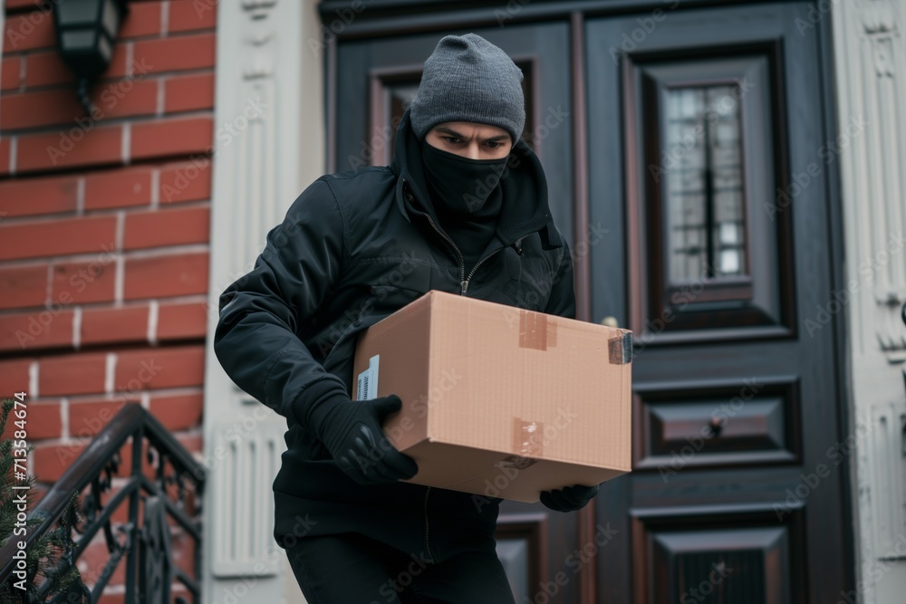 "Porch Pirates" Man with hoodie stealing a package at the doorstep - AI Generated