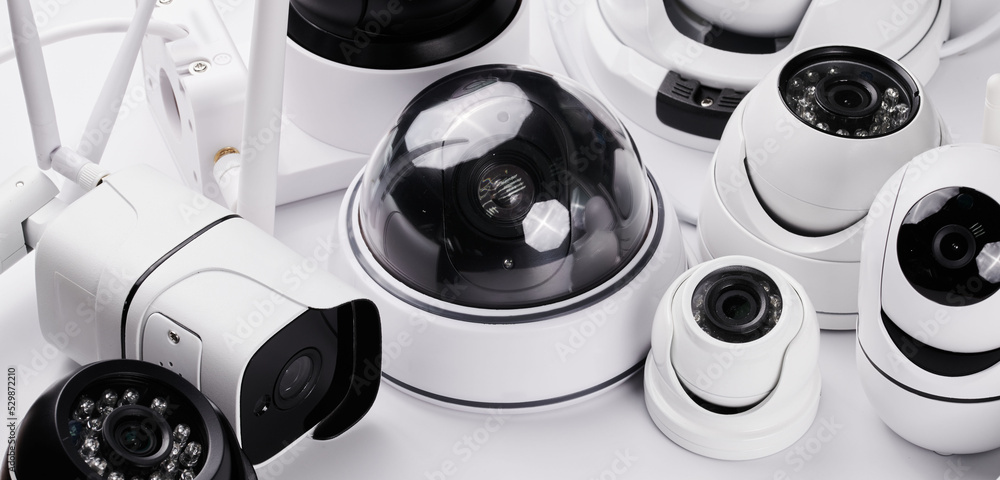 Surveillance cameras, set of different videcam, cctv cameras isolated on white background close up. home security system concept. DIY Security Systems
