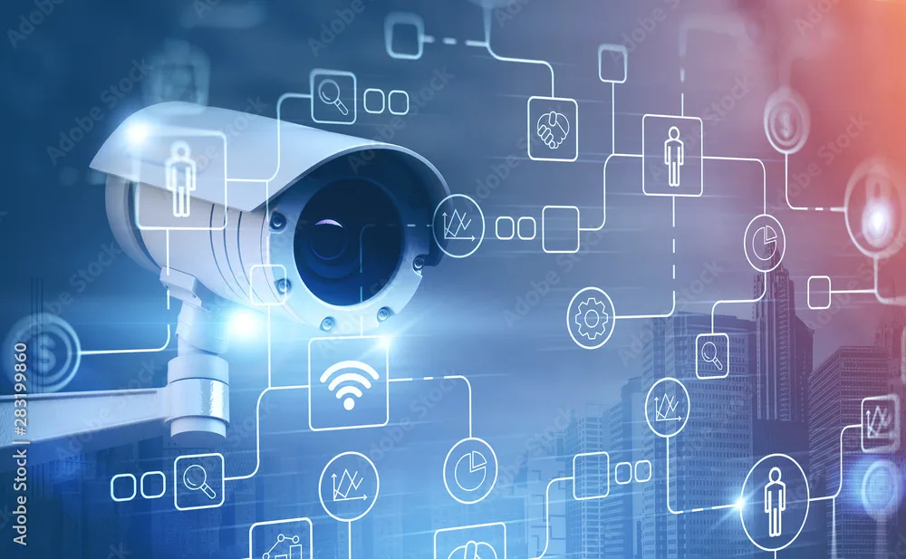 Surveillance street camera in city and icons professional security monitoring