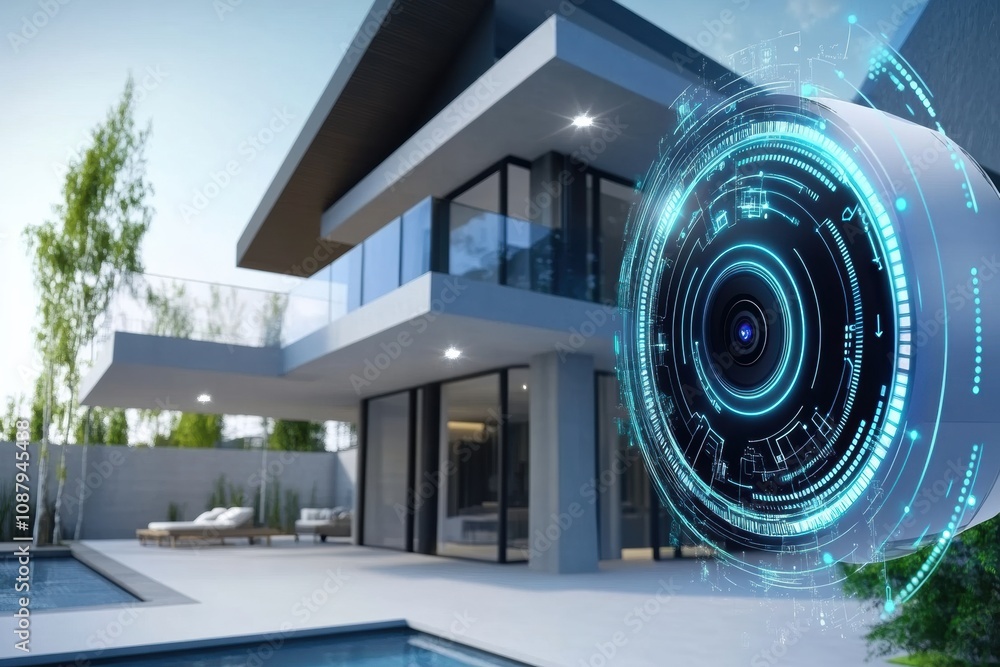 The cutting-edge entryway of a stylish home showcases smart security features like cameras, motion sensors, and a fingerprint scanner. Generative AI. Top 10 Reasons to Have a Home Security System