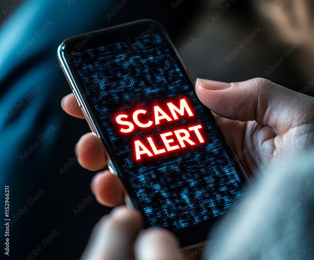 A close-up of a person's hand holding a smartphone displaying a 'SCAM ALERT' message in bold red letters against a dark, digital background. Common phone scams.