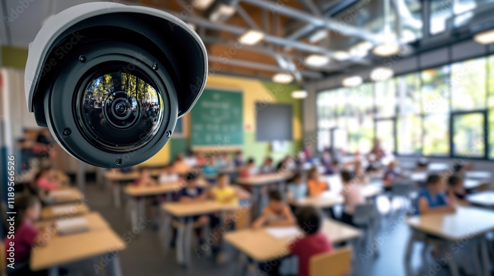 A close-up of an indoor security camera mounted on the ceiling, capturing footage from inside a classroom filled with students and their teacher at desks. Video surveillance in schools