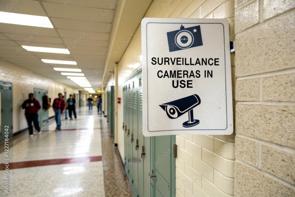 A sign indicating that surveillance cameras are in use, positioned along a school hallway with lockers and students visible in the background Video surveillance in schools. Security system for school.