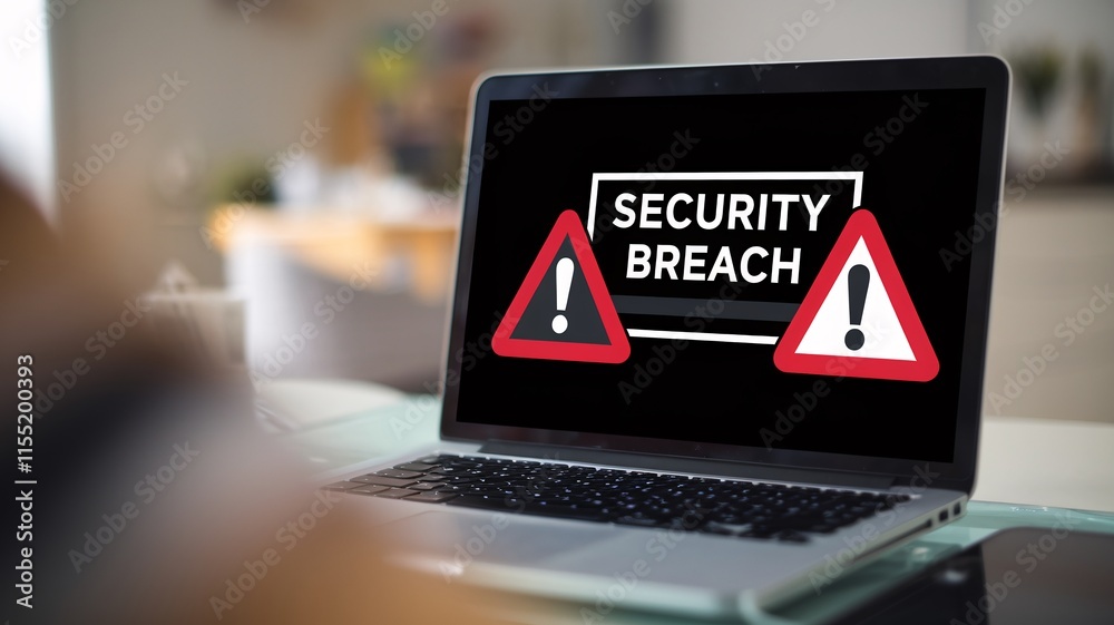 A warning about a security breach appears on a laptop screen, indicating a potential cyber threat while a person works late at night in their home office. Home security mistakes