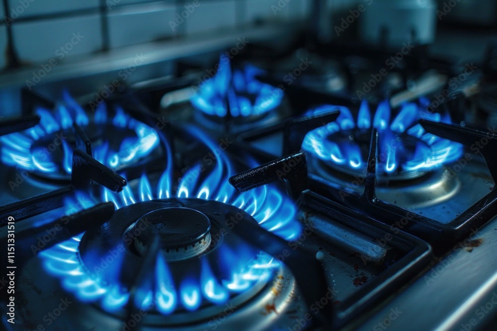 Close up of gas burners emitting blue flames, highlighting energy consumption and home cooking. Reduce household hazards