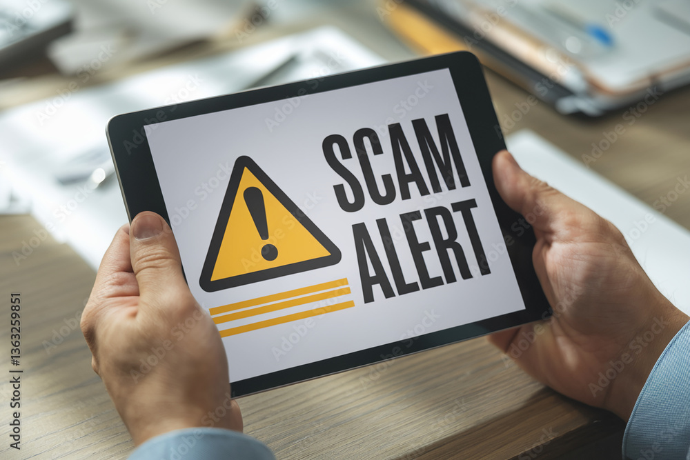 Close-up of hands holding tablet displaying scam alert warning sign, symbolizing online security risk and fraud prevention, important for digital safety awareness. Bank scams