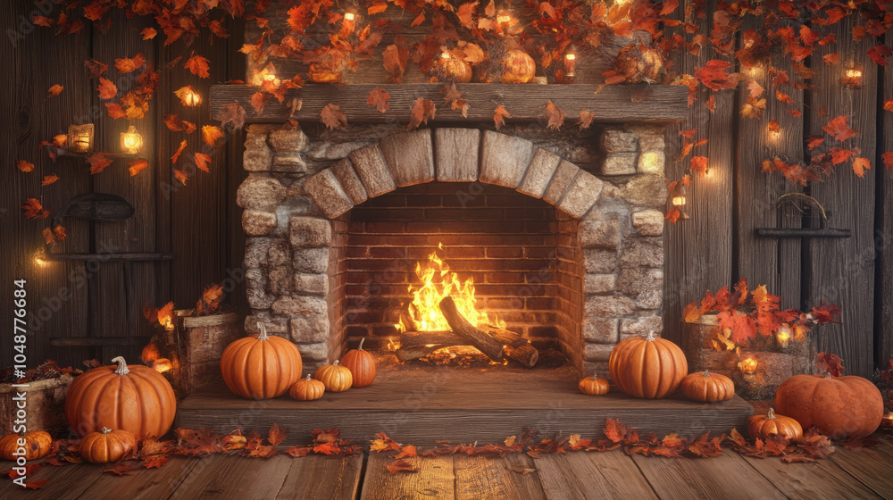 Cozy autumn fireplace adorned with pumpkins and autumn leaves, creating a warm atmosphere. Fireplace safety