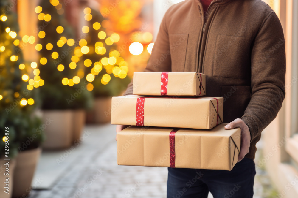 Deliveryman holding gift boxes, fast express shipping delivery concept. Protecting holiday deliveries