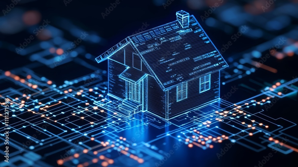 Digital smart home with futuristic architecture showcasing technology integration and the Internet of Things for a connected home concept. Technology innovation. Innovations in home security