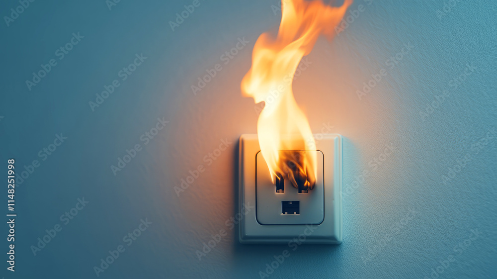Electrical Outlet on Fire with Flames Rising from Plug Insert in Dark Room Setting. Reduce household hazards