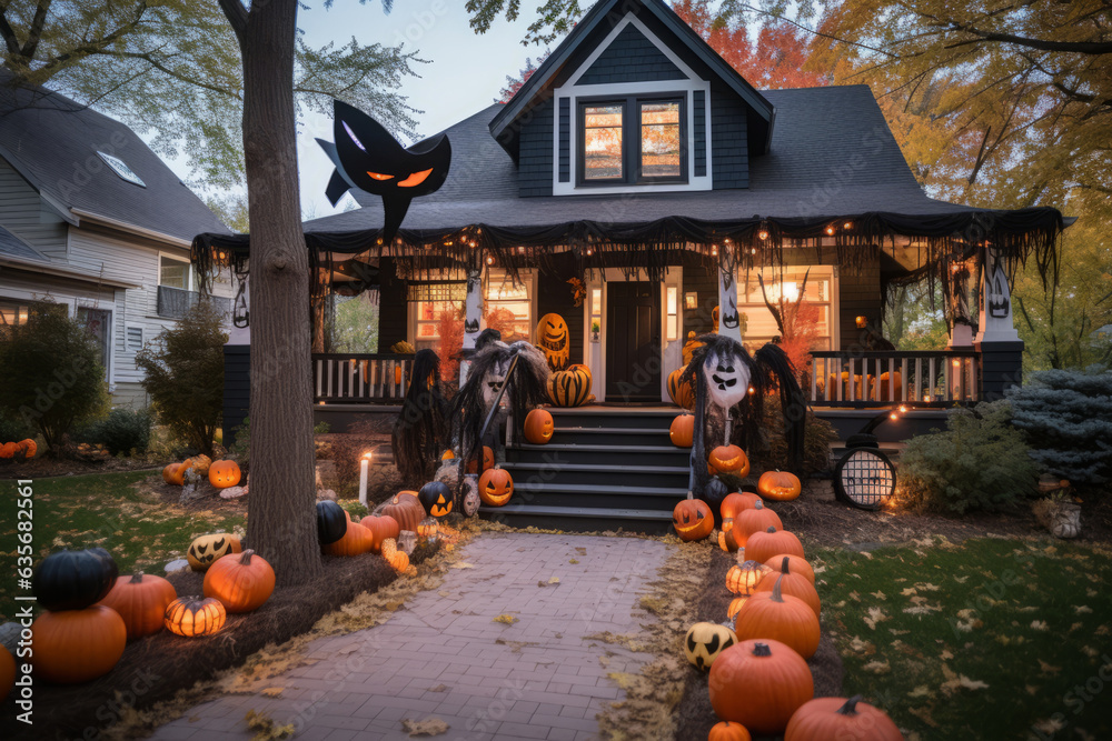 House decorated for Halloween with pumpkins and webs, witches and ghosts, generative AI. Seep your home safe on Halloween