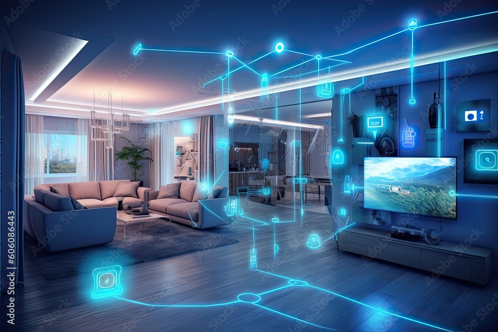 Interior of AI augmented reality smart home, Modern smart home components management system, Generative AI. Home automation