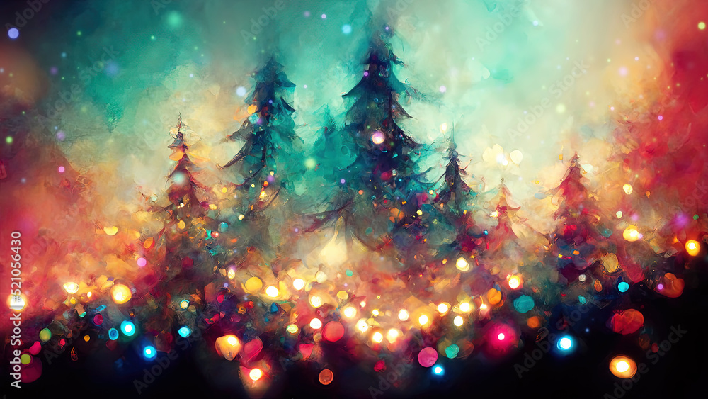 Magical forest with christmas trees and glowing lights. Christmas Light Safety
