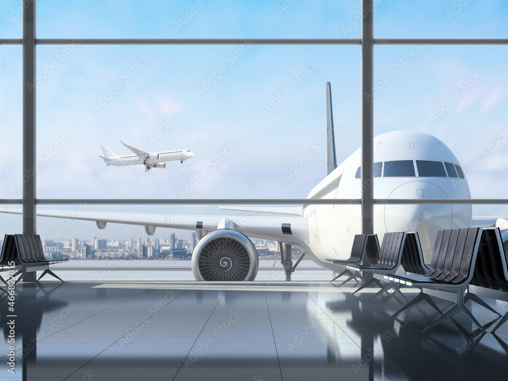 Modern interior of the airport terminal with large glass windows and a passenger plane behind it. 3D rendering. Airport safety tips