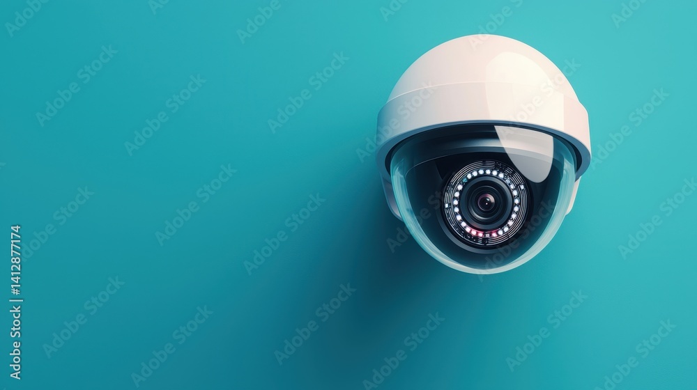 Modern security camera with dome design and wide-angle lens mounted on teal wall for surveillance and home monitoring safety technology systems. Professional monitoring