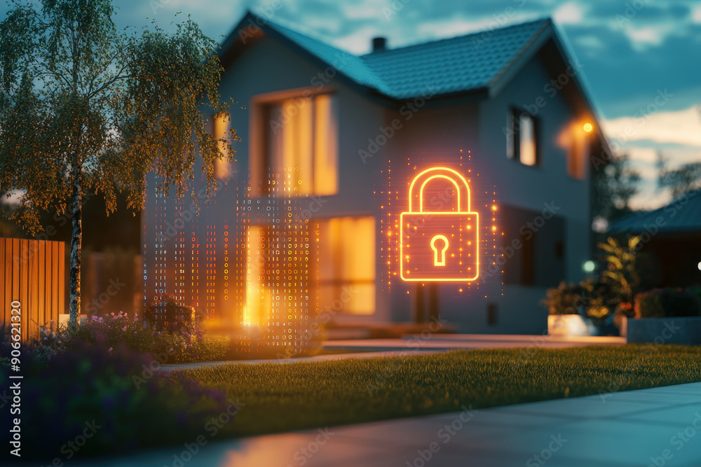 Modern smart home at night is being protected by a home security system with a digital padlock icon