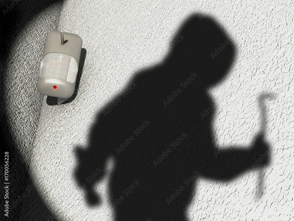 Motion Detector and shadow of a robber in a garden scenario, 3D Illustration. Motion Detectors
