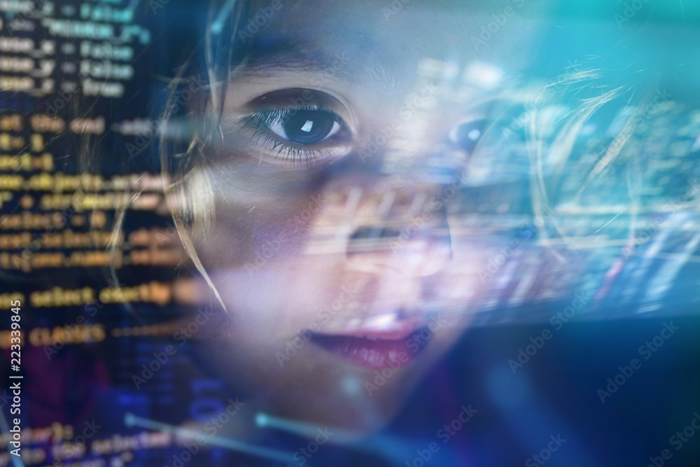 new technologies, a child uses a futuristic processor for augmented reality. high technology and communication concept. Children and the internet
