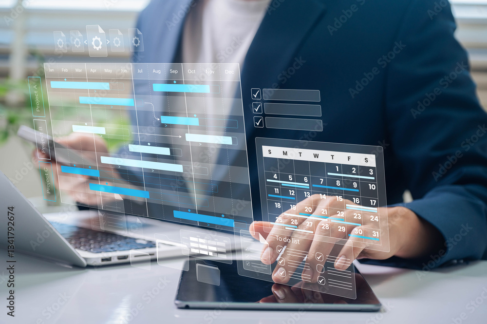 Project management and scheduling analytics. A professional using real-time progress tracking and task prioritization for workflow efficiency, timeline management, and strategic planning success. Professional Monitoring