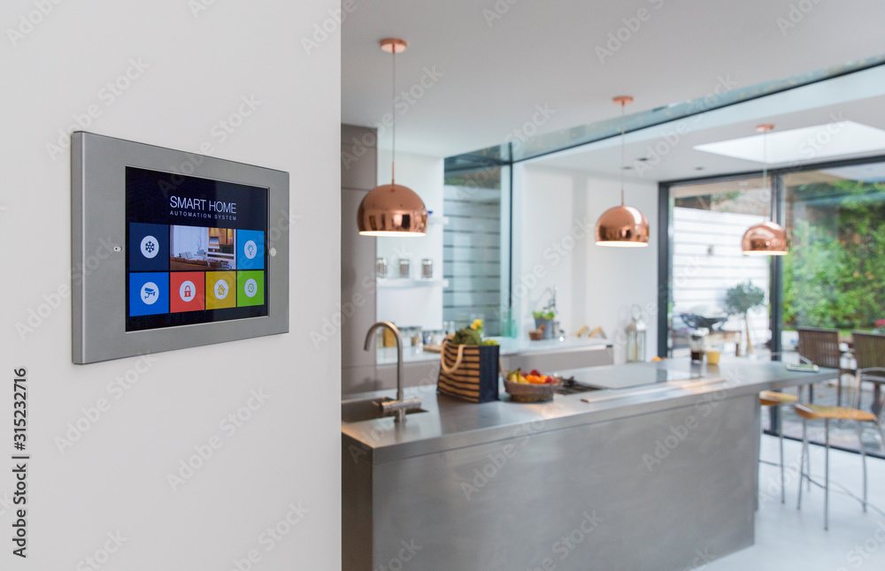 Smart home navigation system on wall in kitchen. Smart home automation