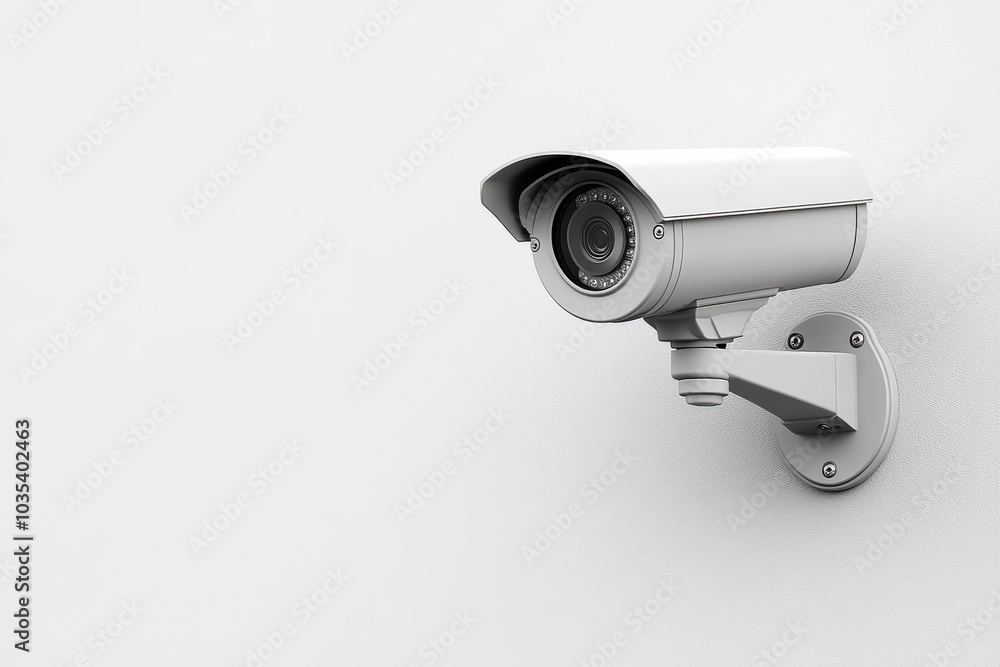 Hardwired security systems Surveillance camera mounted on a white wall, ensuring security and monitoring in the area