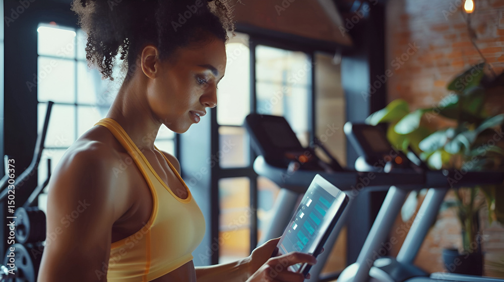 Woman using tablet in gym with treadmill and weights in background during workout routine fitness health . Access control for gym