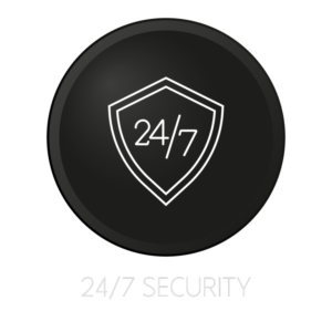A shield icon with "24/7" inside on a dark circular background.