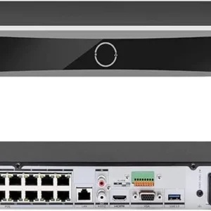 Network video recorder with multiple Ethernet ports and audio connections.