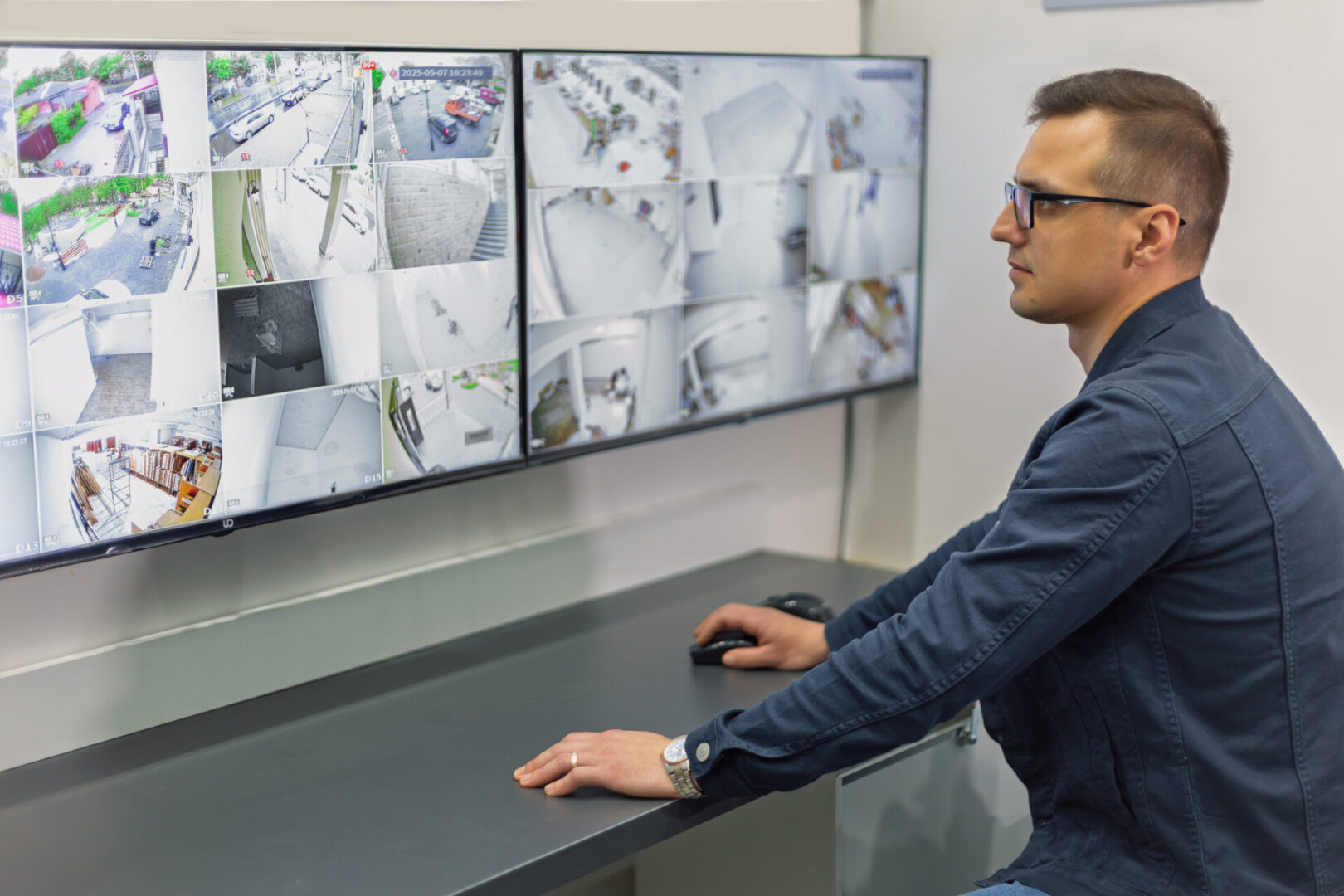 Man monitoring security cameras on screens
