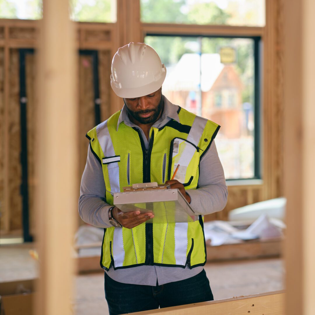 Construction worker with clipboard inside building