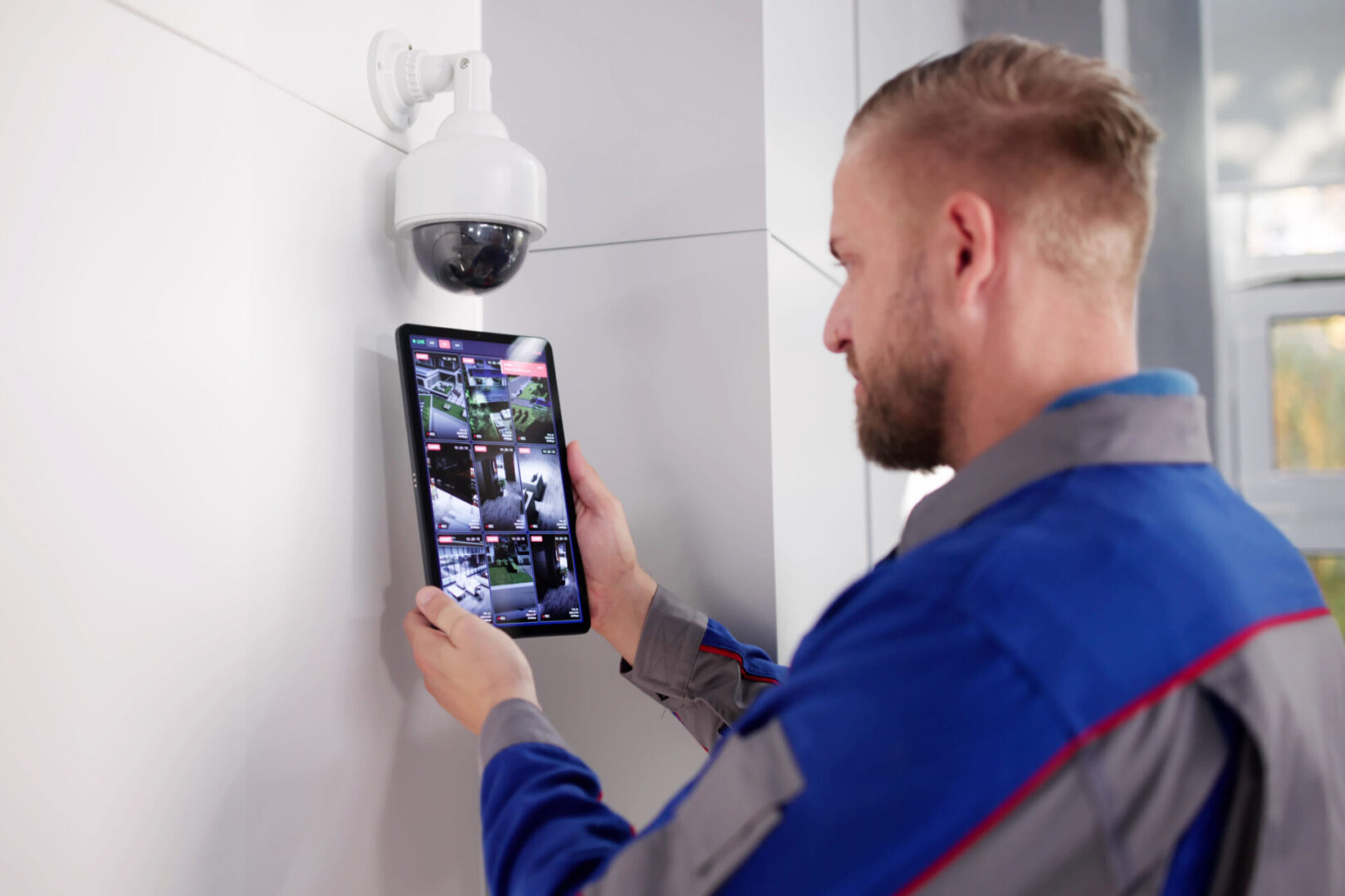 Man monitoring security cameras on tablet