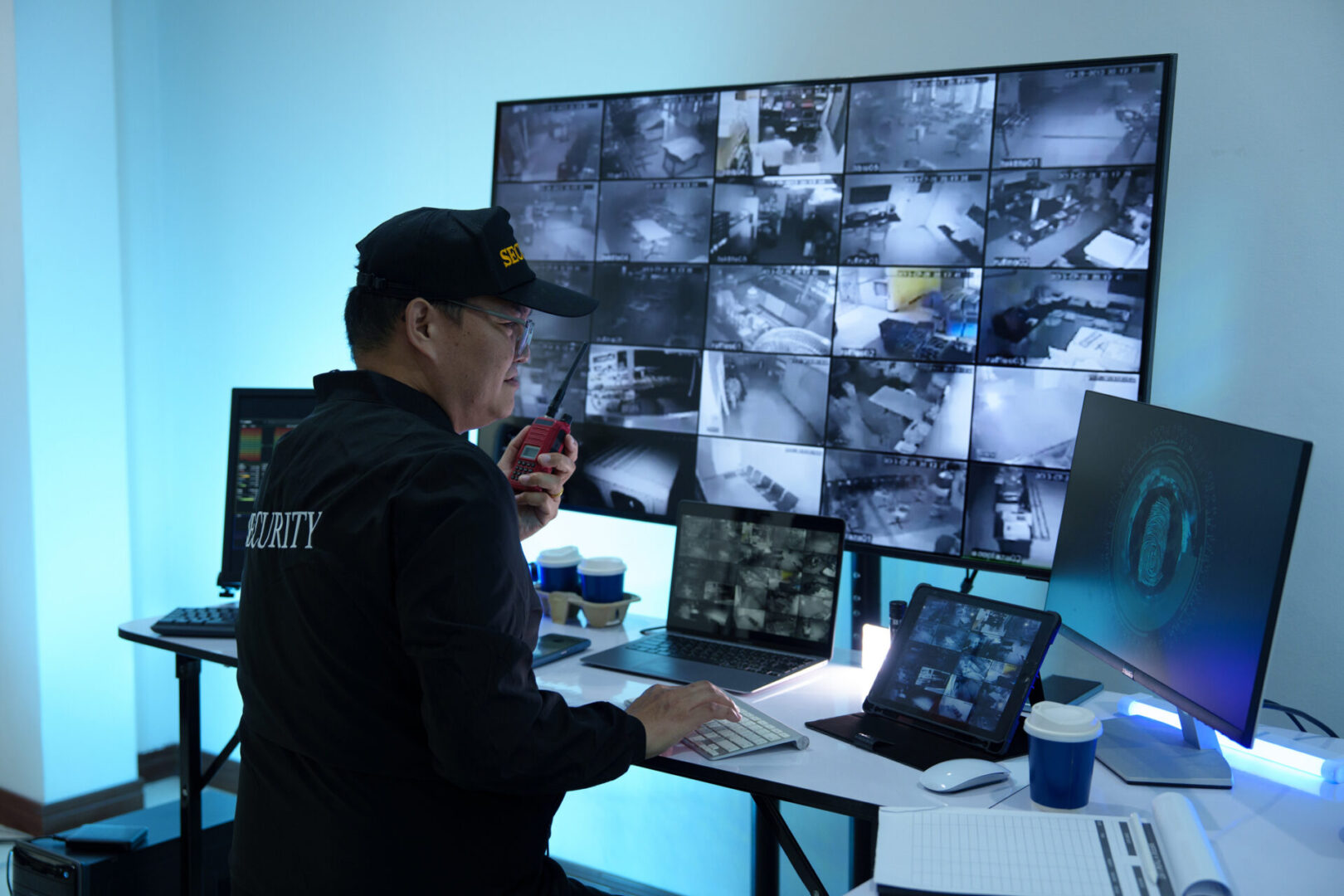 Security guard monitoring surveillance screens