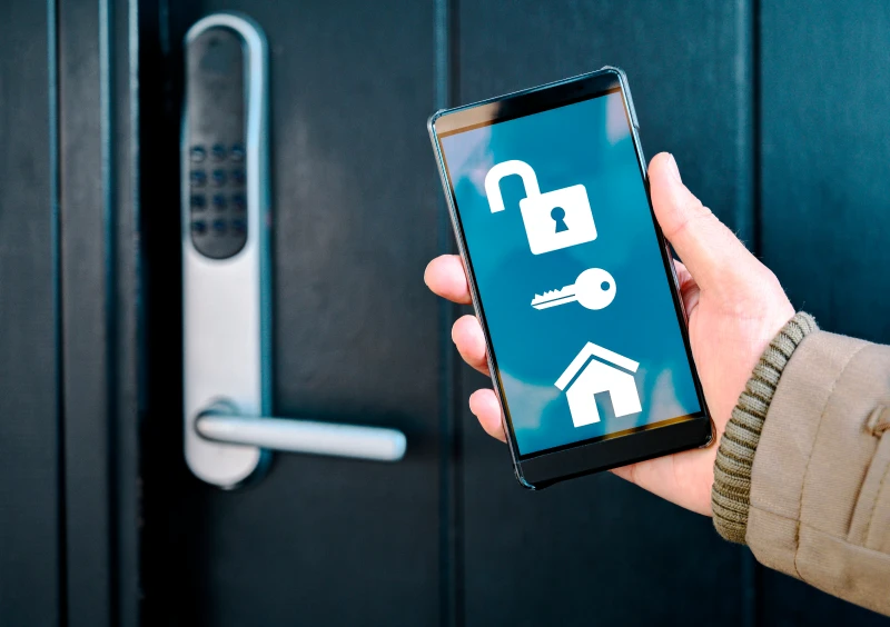 Hand using phone for smart home security