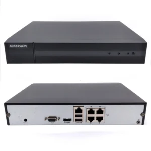 Front and back view of a Hikvision network video recorder device.