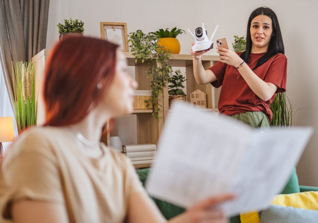 Woman explaining security camera setup