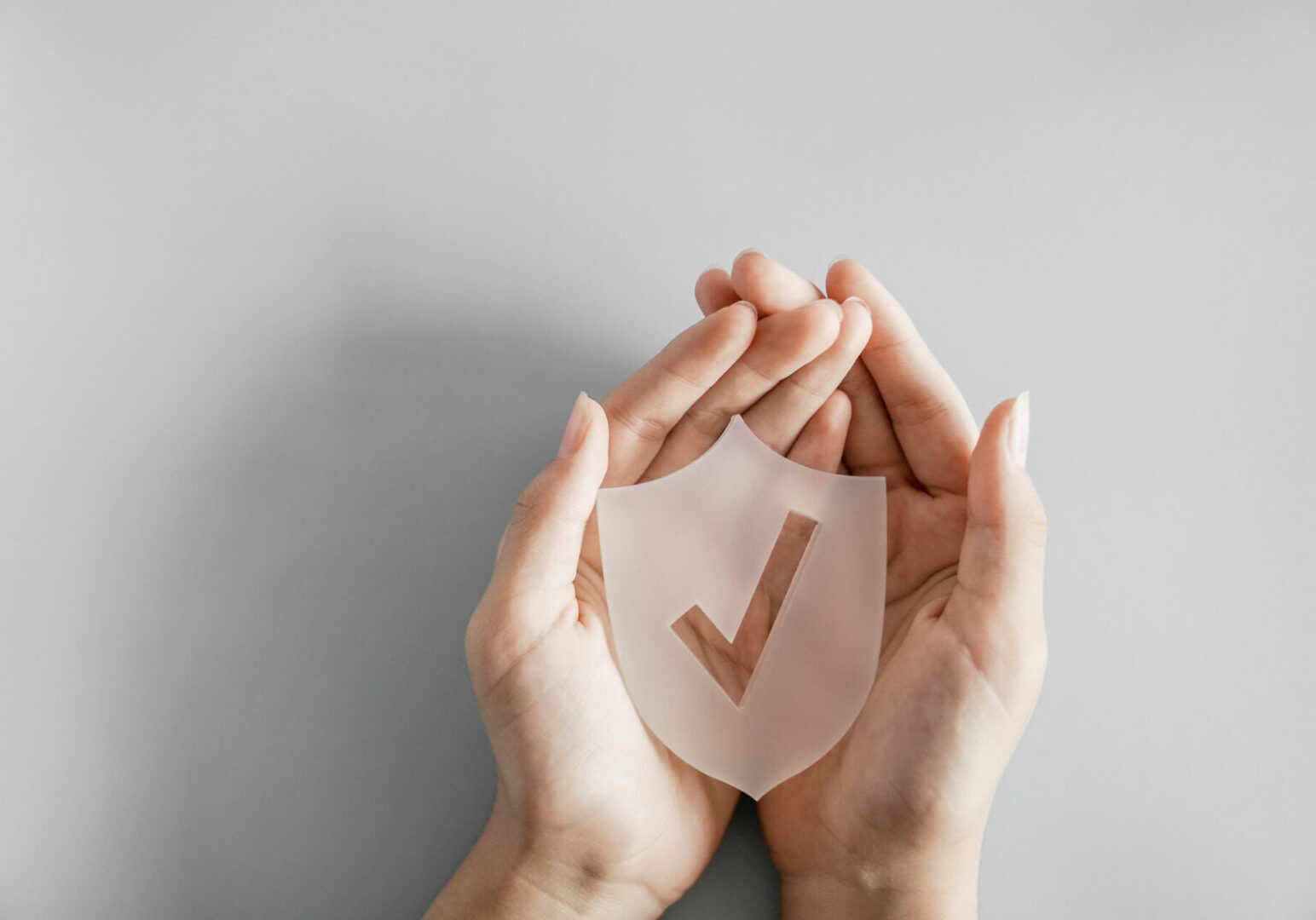 Hands gently holding a shield with a checkmark symbolizing protection and security.